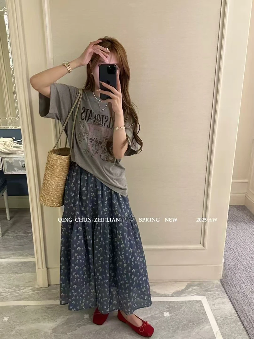 韩系复古休闲卡通字母印花短袖t恤女2025春季新款宽松圆领打底衫