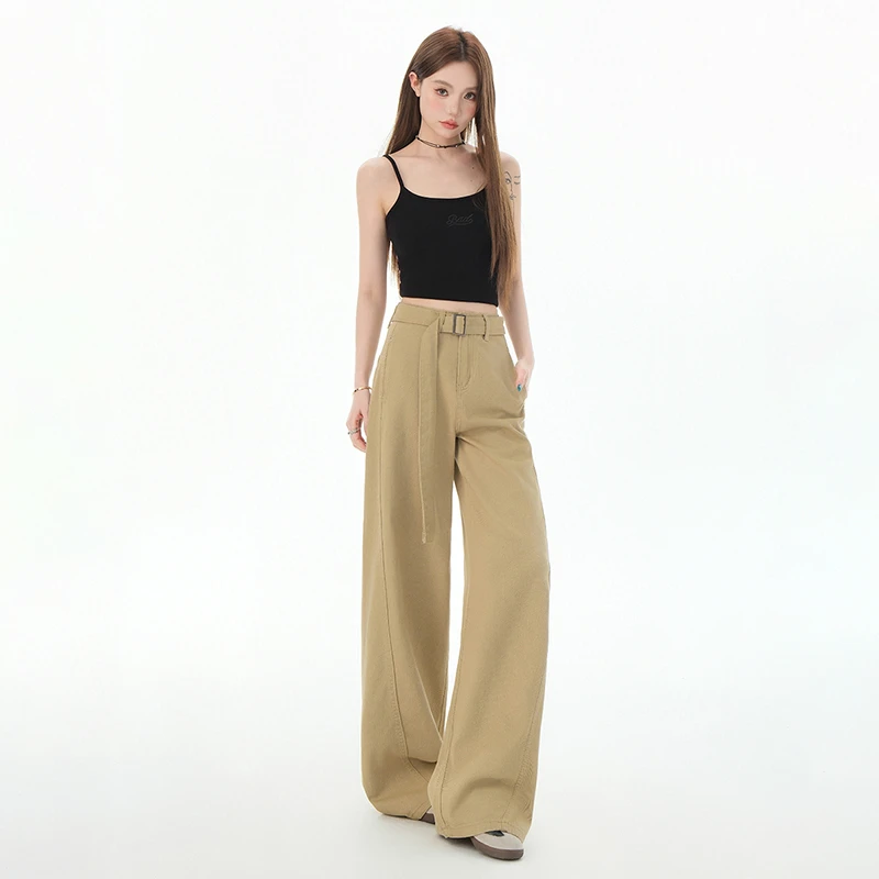 春装休闲直筒高腰裤女装牛仔裤女阔腿裤配腰带喇叭显瘦设计感春季