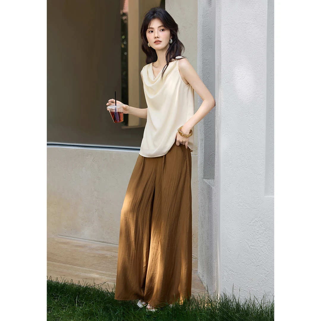 荡领无袖上衣阔腿裤休闲套装女夏季大方得体一整套显瘦气质