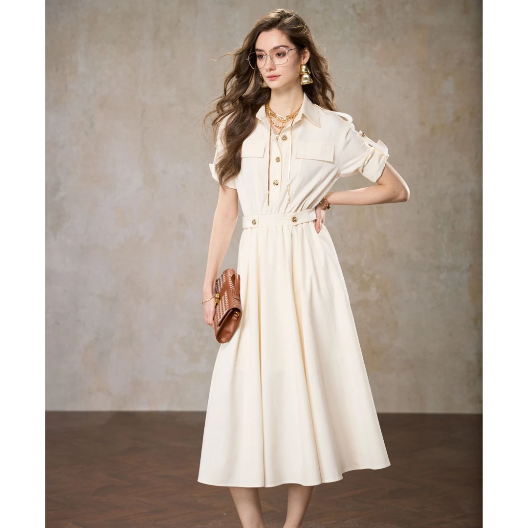 aui气质工装职业衬衫连衣裙女2025夏季收腰中长款Polo裙25W019330