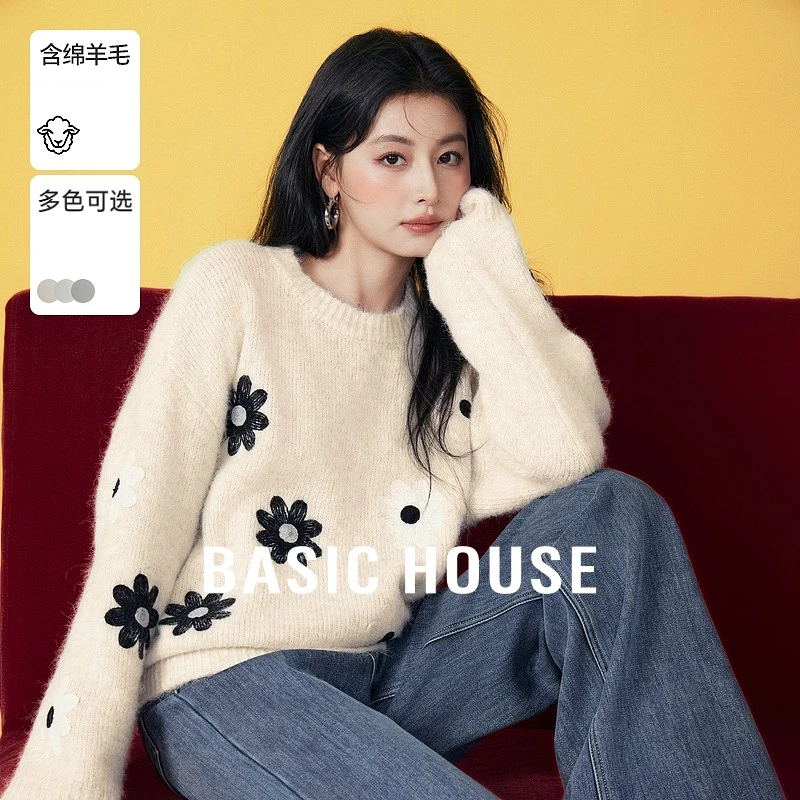 Basic House/百家好花朵刺绣套头毛衣撞色圆领宽松上衣冬季保暖女