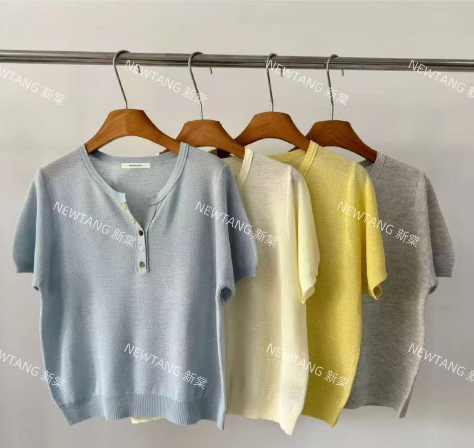 【剪刀领】36夏季新款时尚彩虹扣V领透气短袖