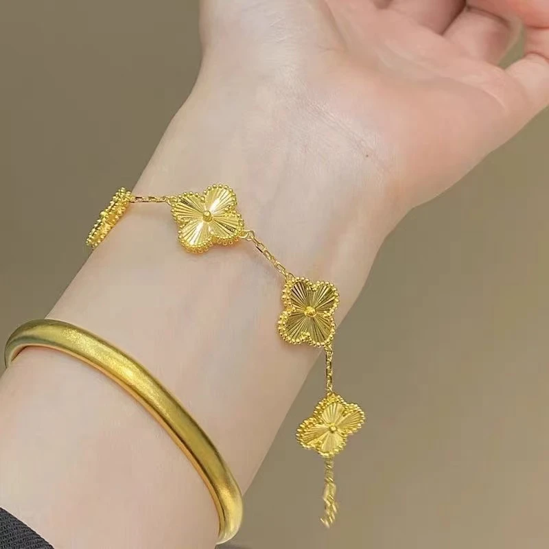 钛钢手链 金潮生 手链高定精工K黄四叶花百搭