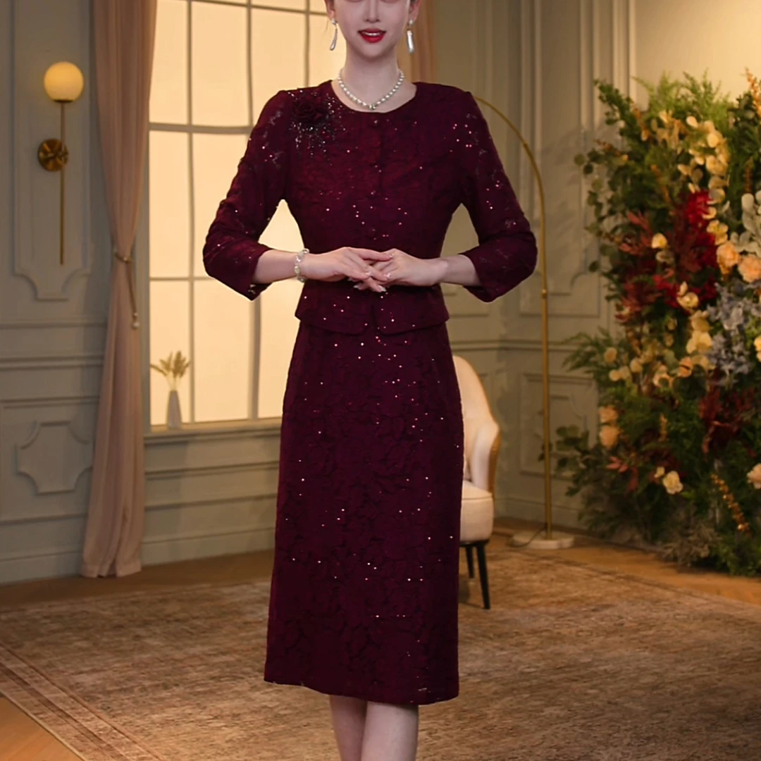 【香妮芬】83505早秋新款长袖气质酒红蕾丝假两件女装连衣裙长裙