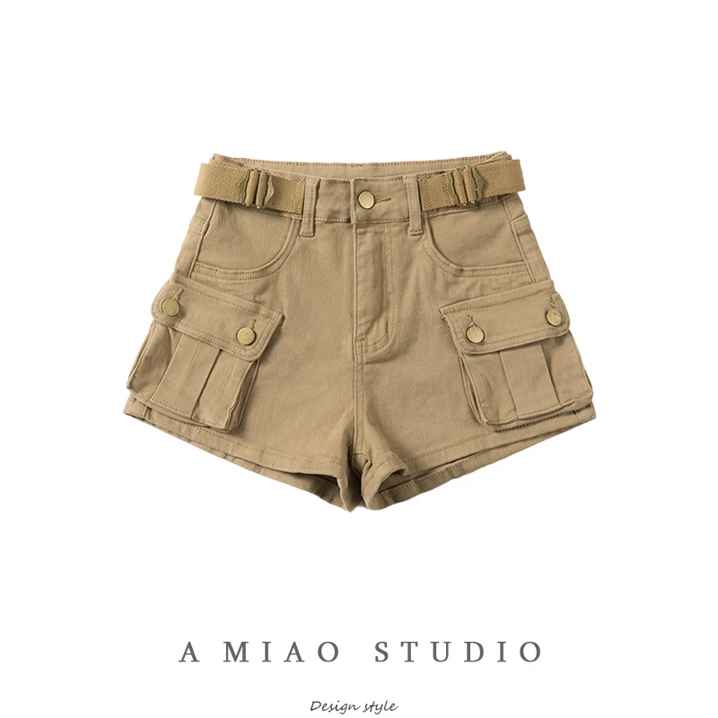 美式复古腰带饰高腰大口袋工装风短裤字大长腿卡其色休闲裤热裤