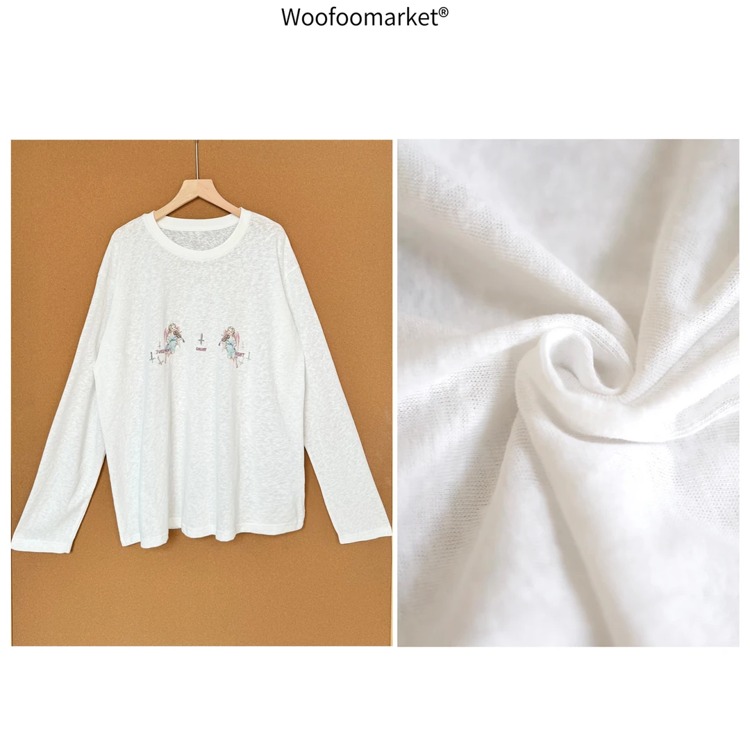 清清【海街日集】雪花棉 天使印花圆领长袖轻薄防晒T恤女夏季 TX158