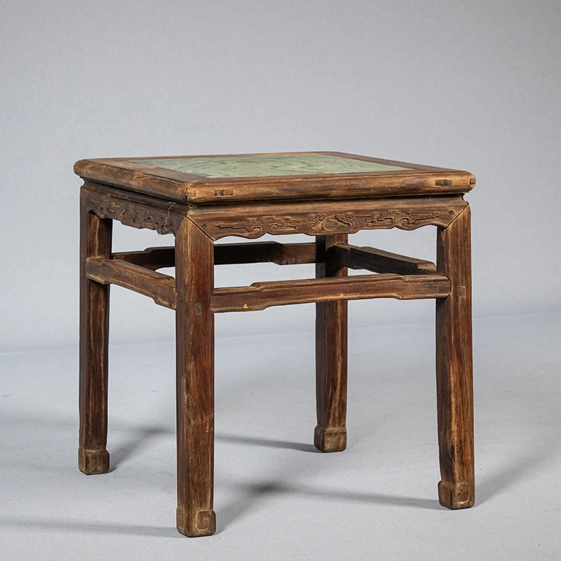 清中期 黄花梨镶绿石束腰罗锅枨马蹄腿螭龙纹方凳古董收藏