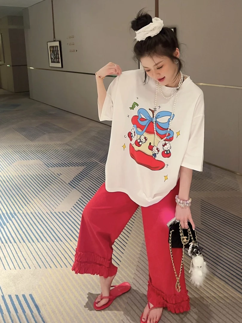 旋转木马/2025新款春夏刺绣印花KT猫宽松大版休闲设计感短袖