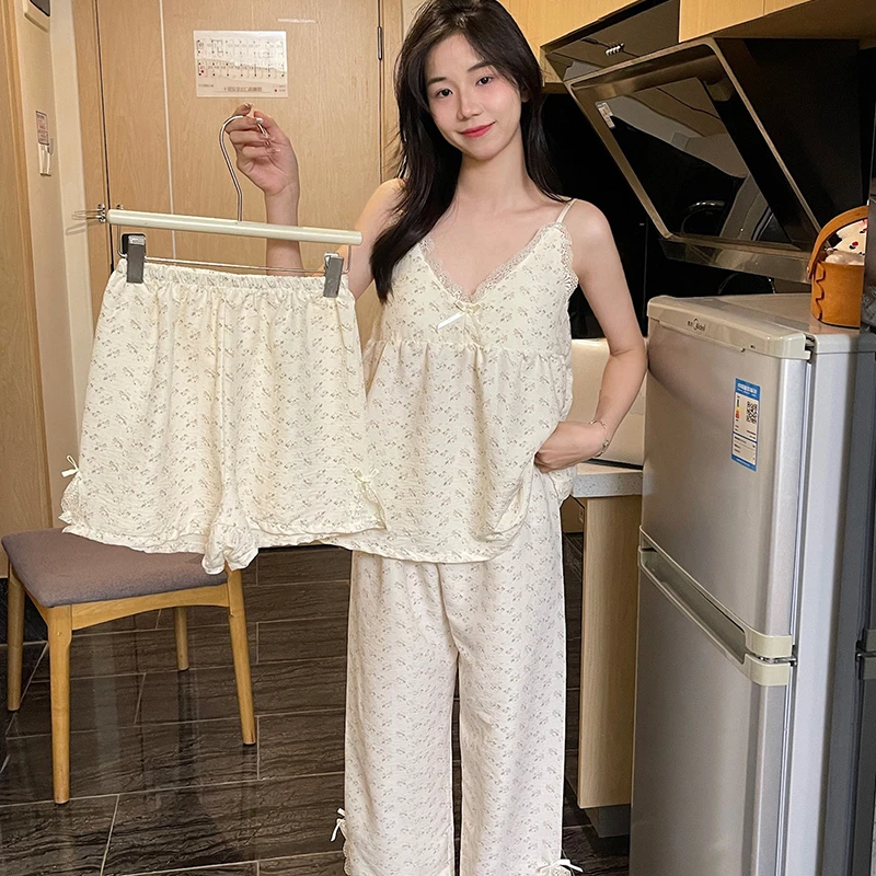 夏季碎花小吊带三件套带杯垫睡衣田园风可外穿透气舒适女套装2421