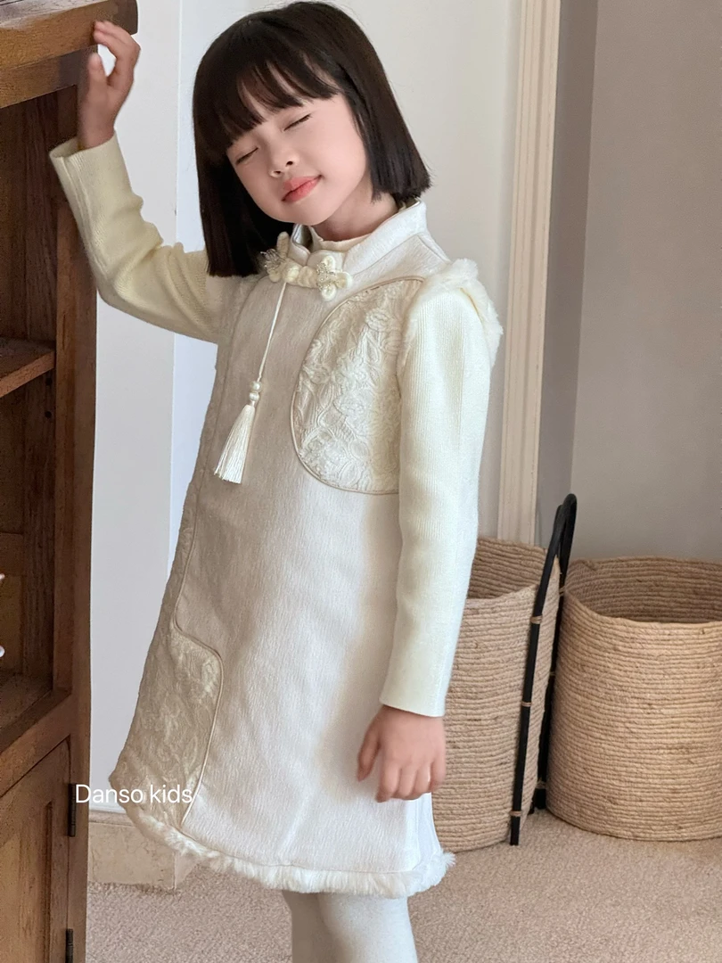 D家正品新中式女童旗袍裙儿童中国风复古刺绣立领背心裙连衣裙潮