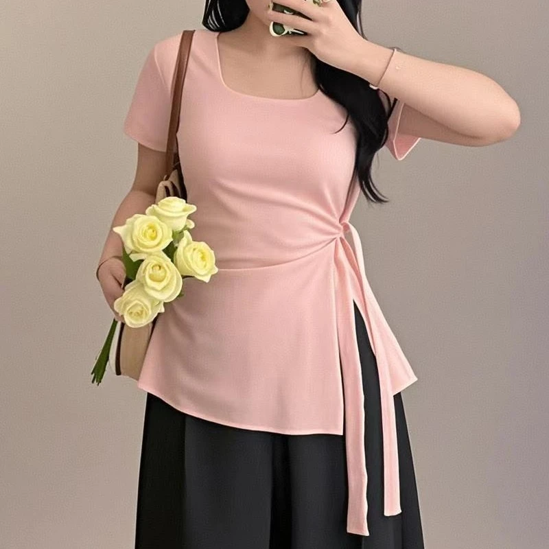 胖MM小众高级感时尚短袖t恤大码女装修身收腰显瘦方领上衣T恤夏季