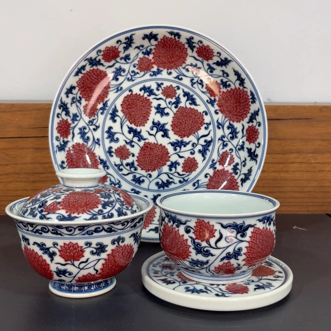 青花釉里红霸王菊四件套 可拆分