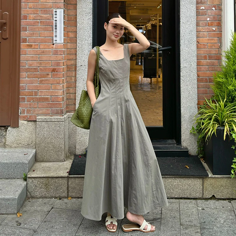 PURITY YH小众简约纯色设计感拼接背心连衣裙气质显瘦无袖长裙女