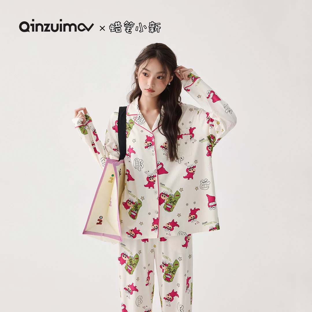 亲嘴猫【蜡笔小新】莫代尔棉长袖可外穿秋可爱少女睡衣家居服套装