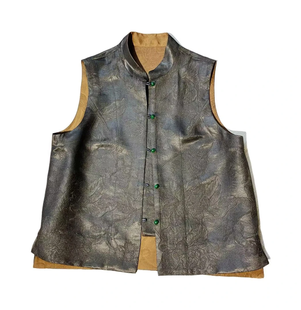 【缂丝牡丹马甲】55姆米重磅皮子老油料香云纱马甲上衣时尚无袖立领