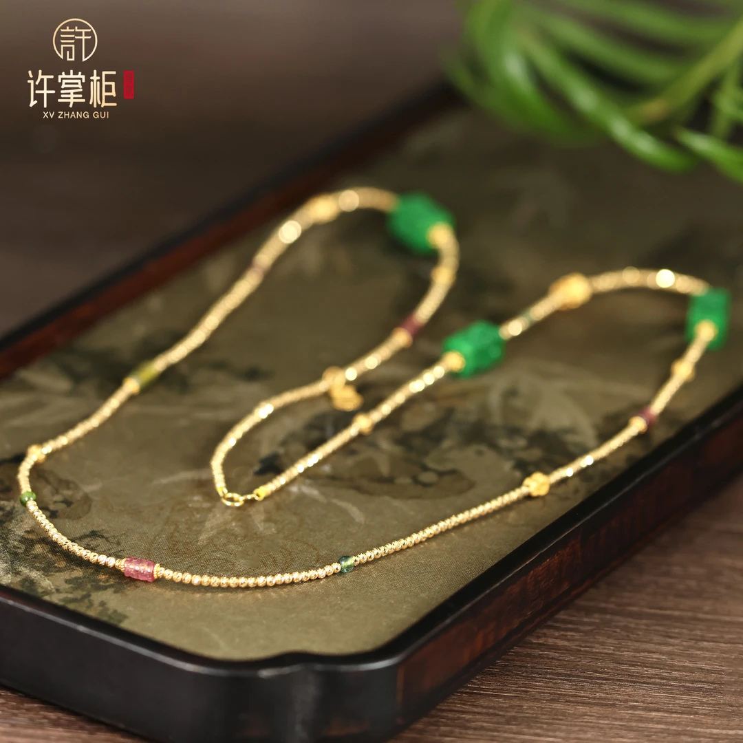 YGY｜18K金翡翠雕花方柱DIY项链天然缅甸翡翠A货配饰长度约70CM