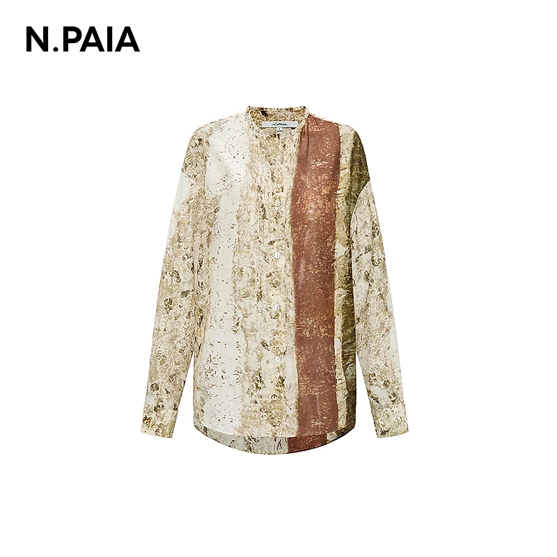 恩派雅2025新款logo定位印花丝棉优雅V领长袖衬衫女XNKPS2202A