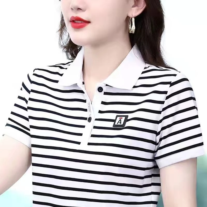 夏季新款条纹韩版短袖t恤翻领女polo运动显瘦休闲上衣女大码修身