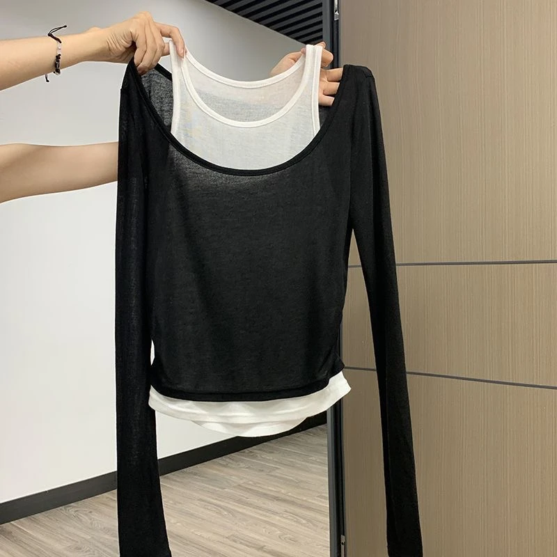 韩版百搭假两件长袖T恤女春夏季2025新款纯欲修身上衣显瘦打底衫