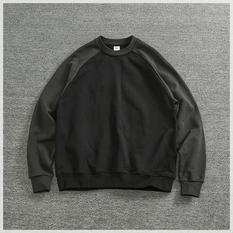 DeweLvum厚款撞色拼接插肩袖套头卫衣男宽松简约潮款重磅外套男装