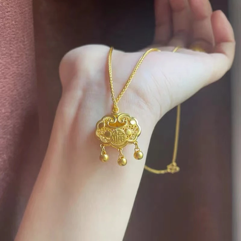 铜合金项链 精致平安锁福字铃铛项链灵动古法时尚百搭祥云锁挂件