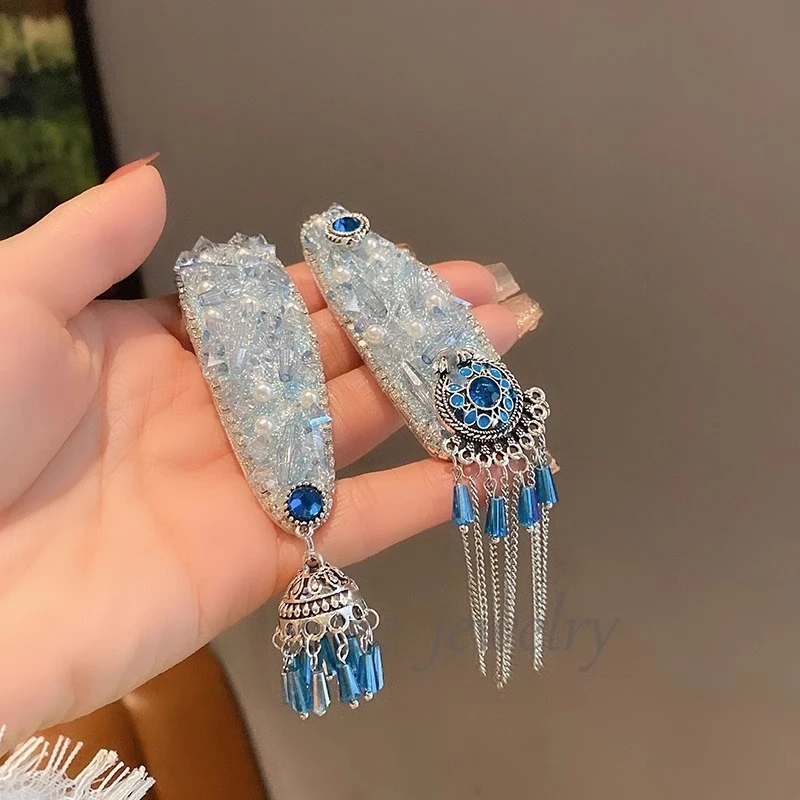宝石蓝色~治愈系闪钻珍珠民族风前额流苏边夹女个性气质发卡发饰