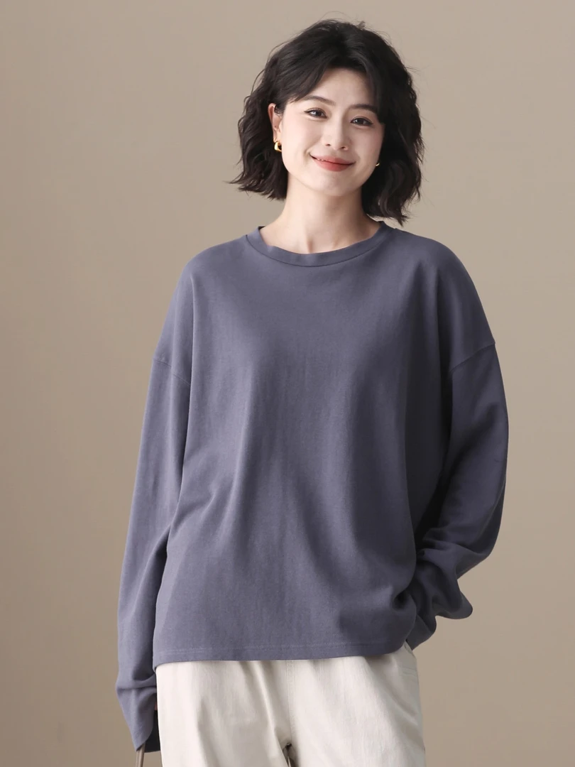 左耳左岸 宽松长袖T恤衫女 2025早秋款纯棉打底衫女 纯色上衣