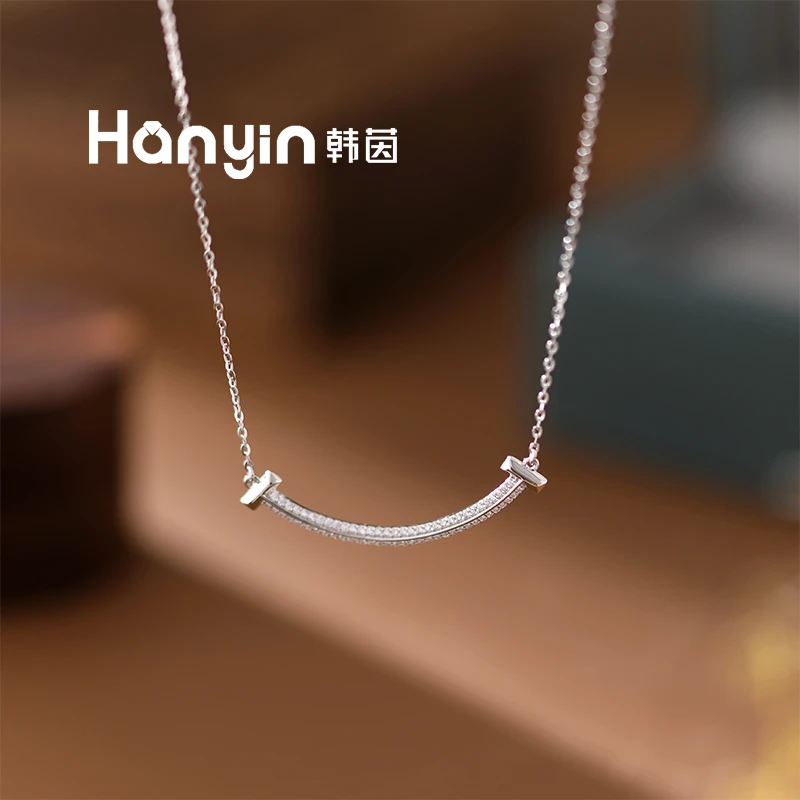 坠链均925银合成锆石 微笑开口笑项链40+4cm满镶气质百搭AAA