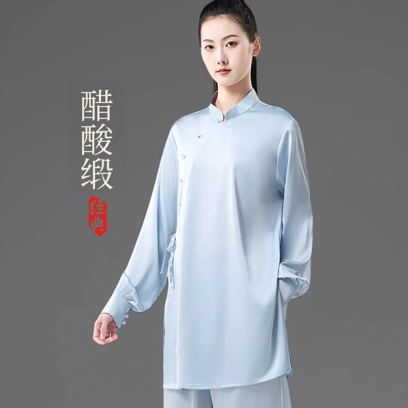 高档醋酸缎女款斜襟太极服春夏秋季中长款休闲练功服太极拳服装