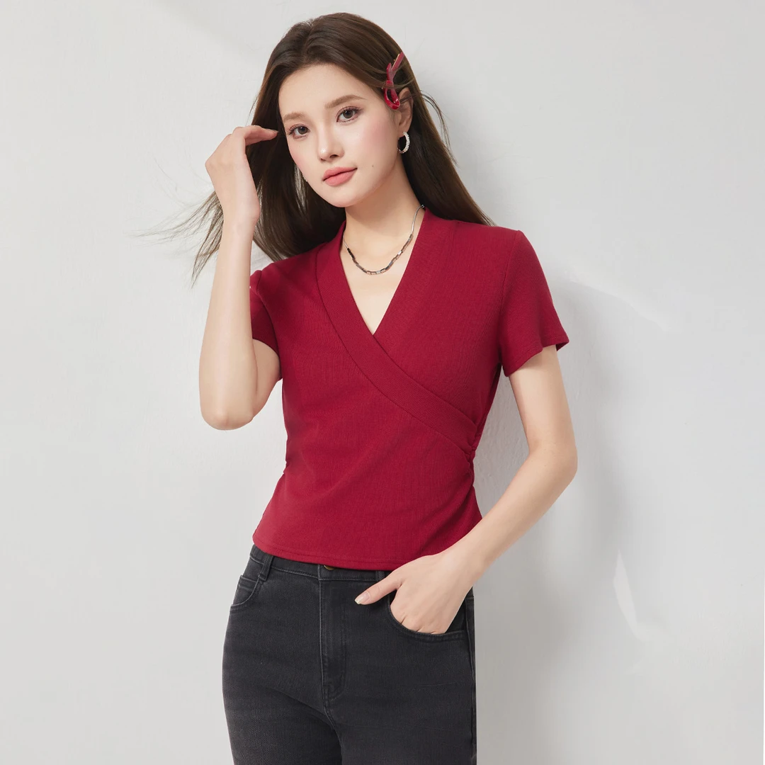 IEF/爱依服2025夏季新款法式成熟女人味V领通勤修身百搭短袖上衣