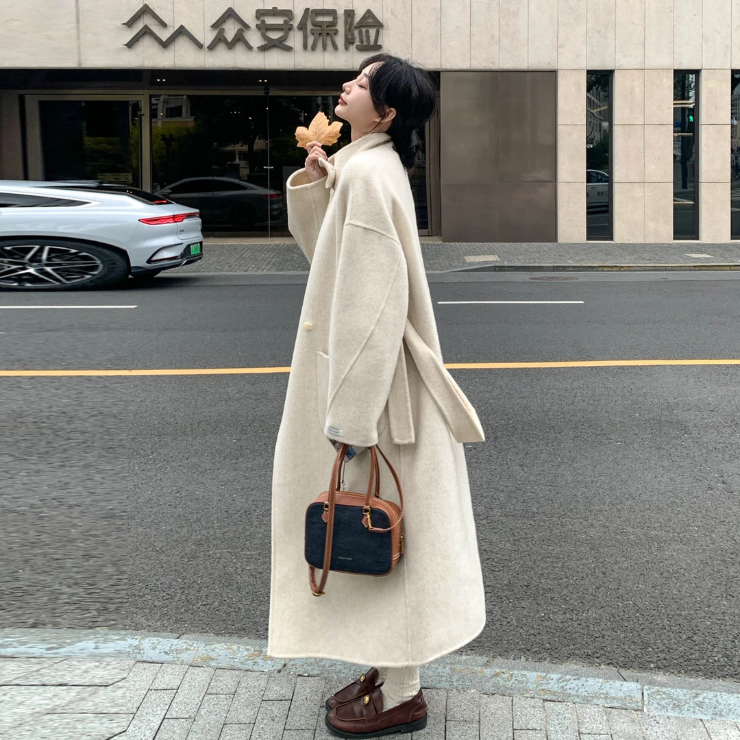 米白色气质双面呢羊毛大衣女2025秋冬季新款双排扣高级感毛呢外套
