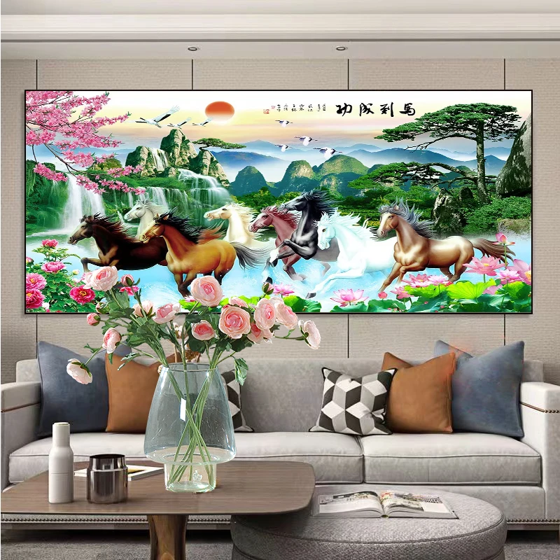 新款钻石画马到成功八骏图山水风景画八匹马满贴魔方圆钻卧室客厅