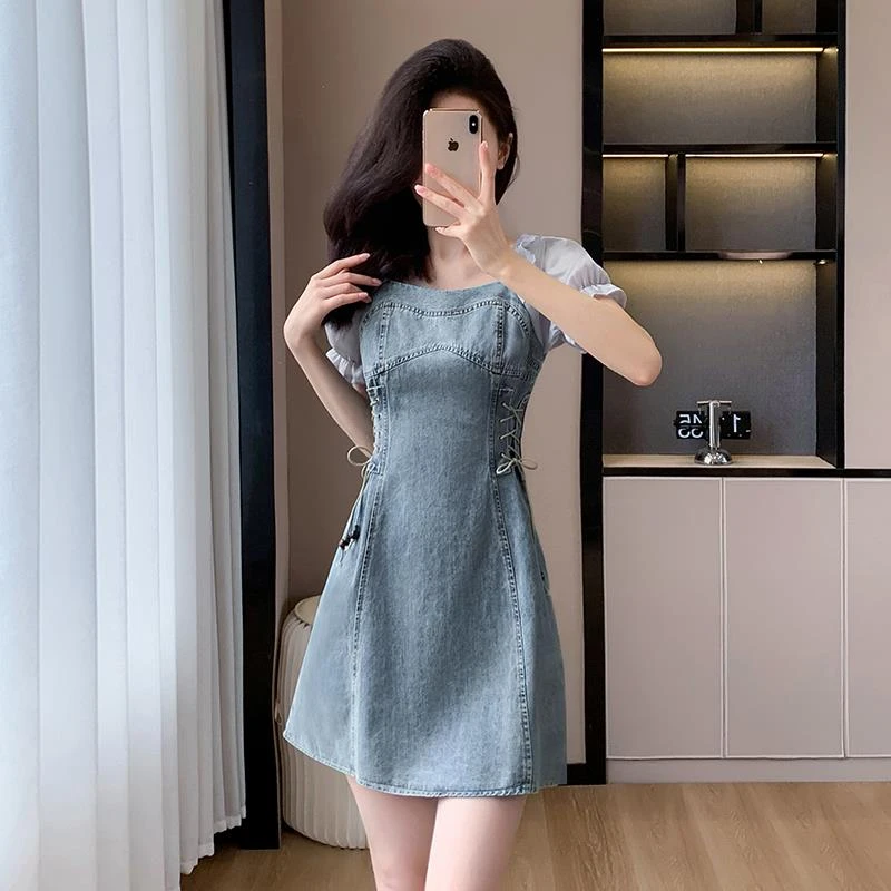 小个子穿搭牛仔连衣裙2025新款女夏季设计感小众抽绳遮肉中长裙子