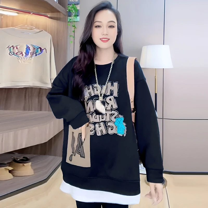 高含棉时尚长袖卫衣女2025年秋冬季新款小个子假两件中长款打底衫