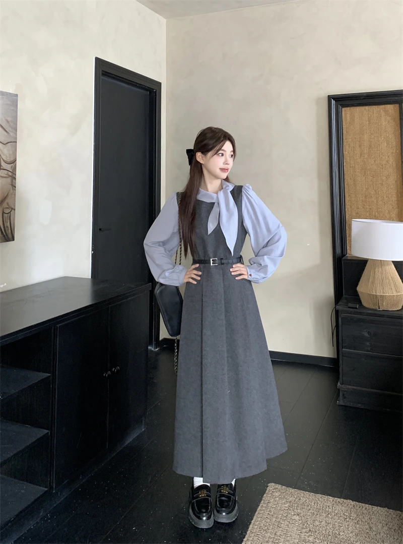 秋冬季新款大码女装法式撞色翻领系带拼接假两件呢料百褶连衣裙