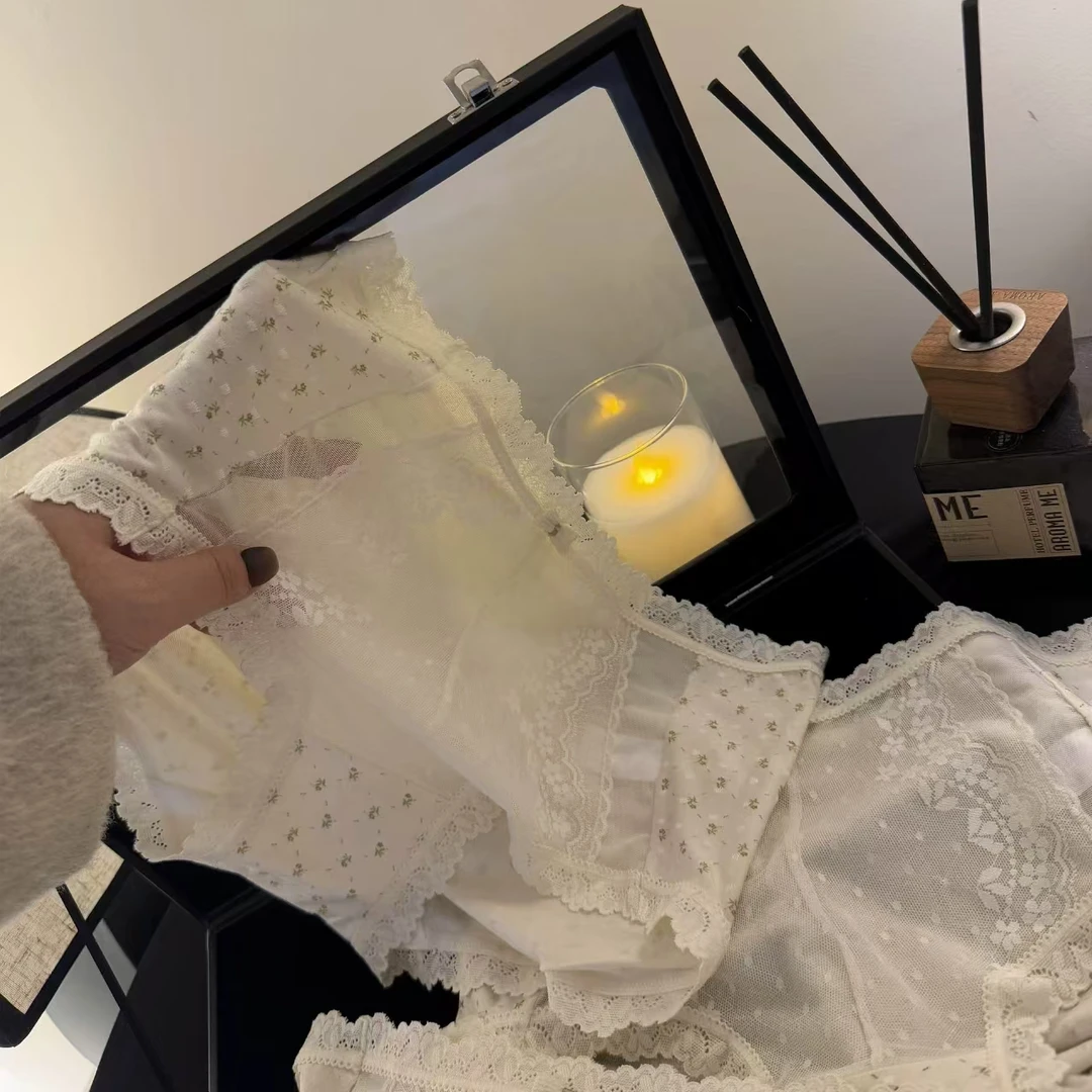 新品中高腰7A抑菌法式蕾丝拼接网纱少女内裤包臀透气女士三角裤