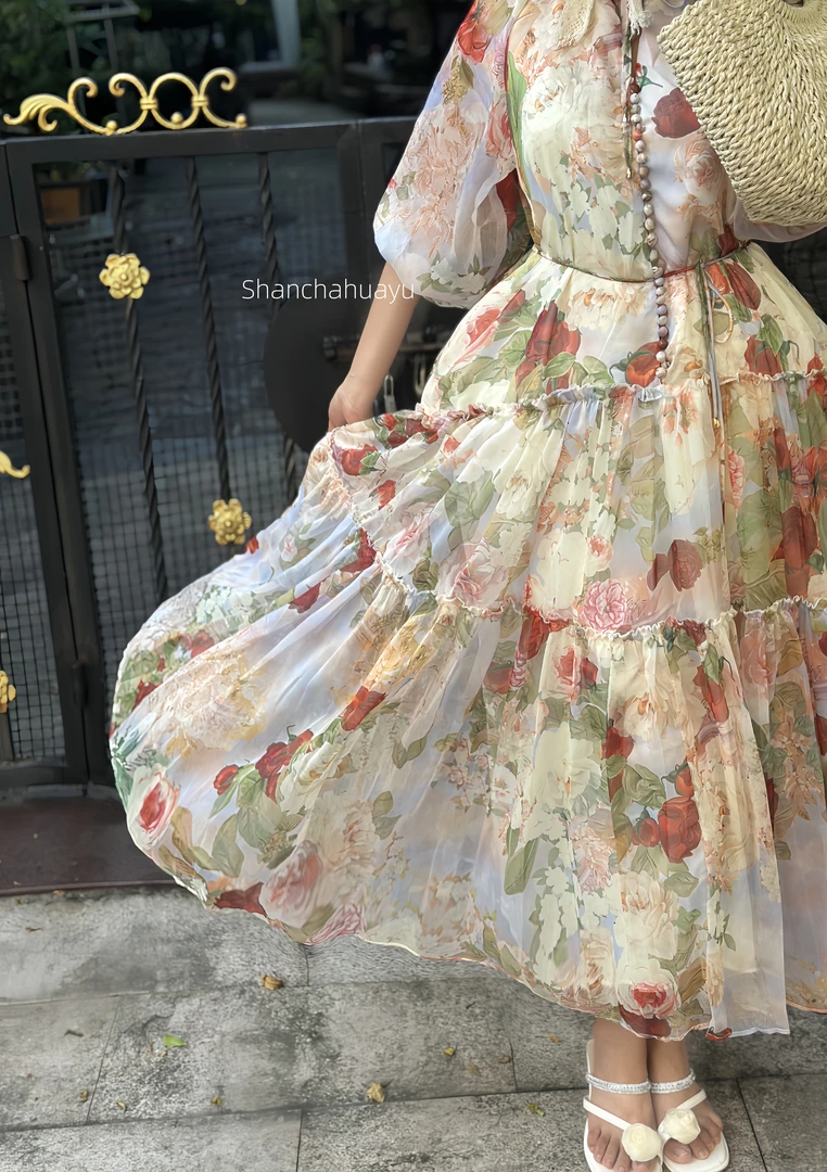 【山茶花】夏季新款印花连衣裙显白气质长裙大码微胖减龄款