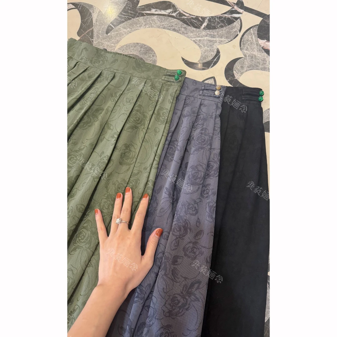 「奕念」《翩若》国风棉感盘饰扣半松紧拉链双面玫瑰提花手工半裙