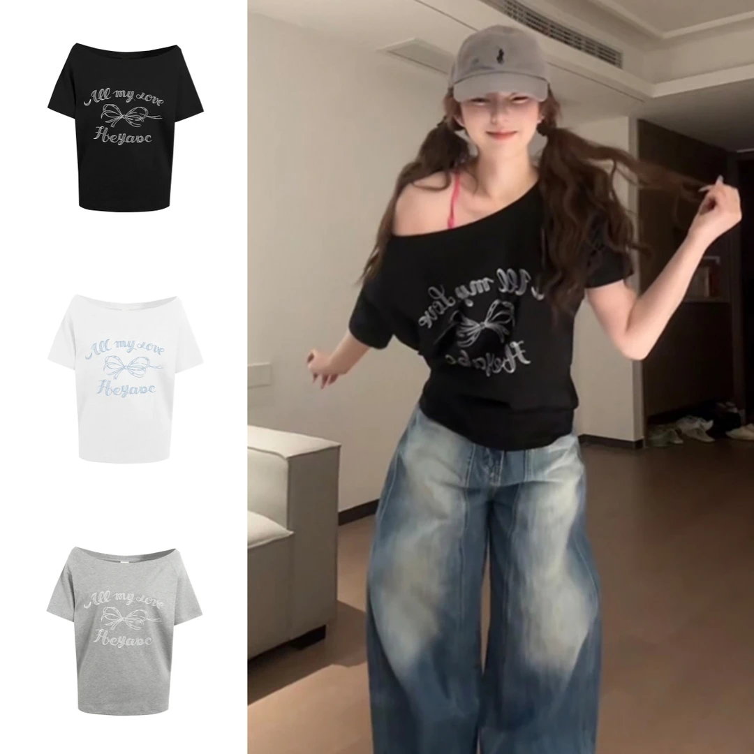 美式辣妹黑色斜肩短袖t恤女2025夏季新款蝴蝶结印花宽松露肩上衣