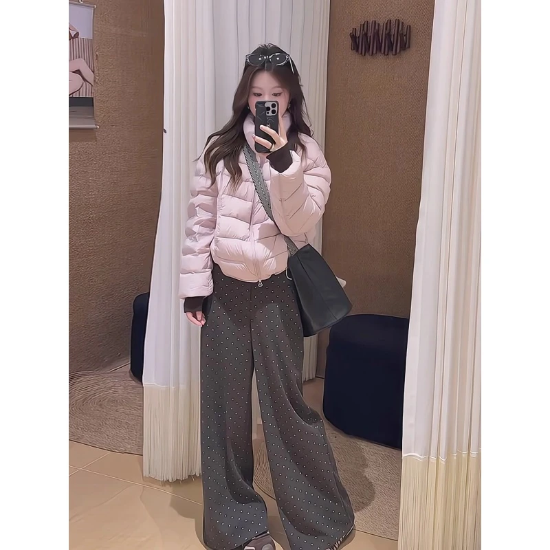 韩系小个子粉色排骨棉服女秋季2025好看时尚减龄新款波点裤子套装