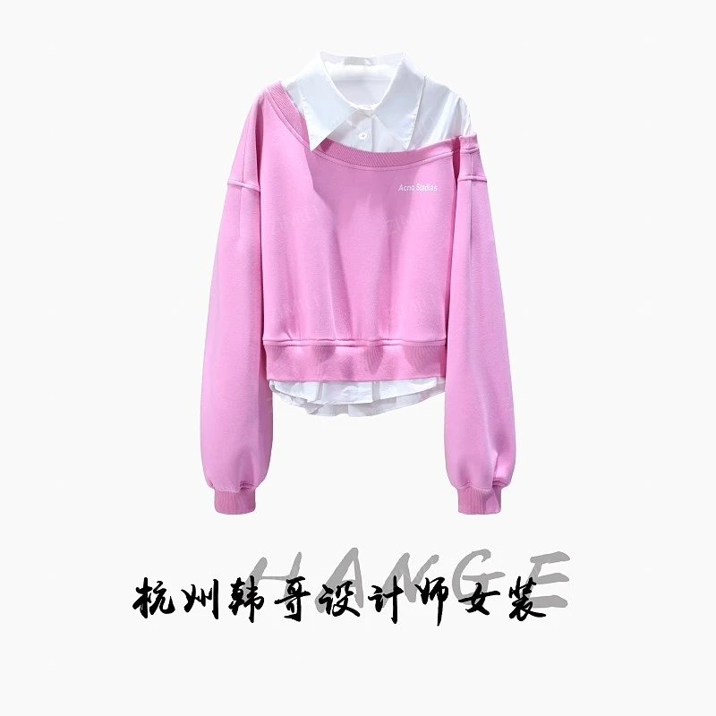 【韩哥女装】2025秋冬《桃酪》胭脂粉拼接衬衫领假两件卫衣6500-K4
