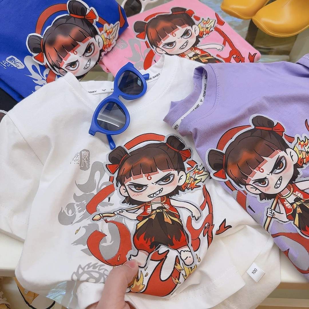 【纯棉t恤】亮灯T恤哪吒之魔童降世男女儿童衣服卡通动漫短袖