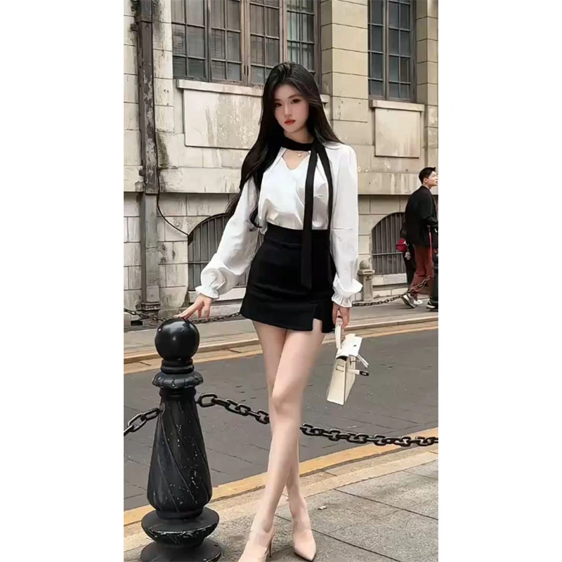2025秋季新款修身显瘦简约百搭气质时尚高领长袖上衣高腰半身裙女