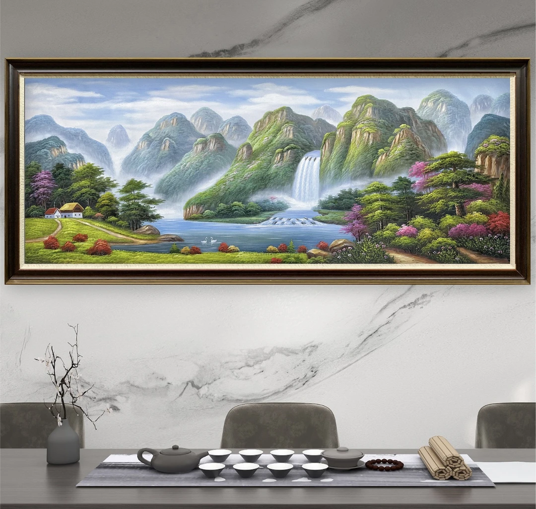 福山秀水入户玄关走廊聚宝盆山水手绘油画青山绿水