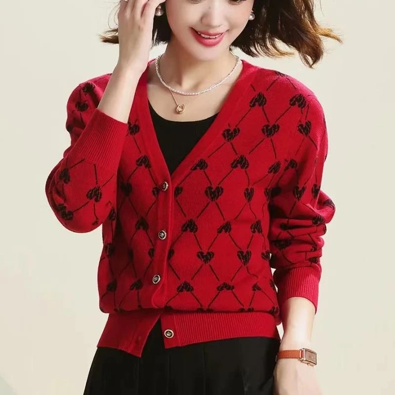 【精纺100羊毛】V领格纹提花羊毛针织开衫毛衣格子外套女羊毛衫