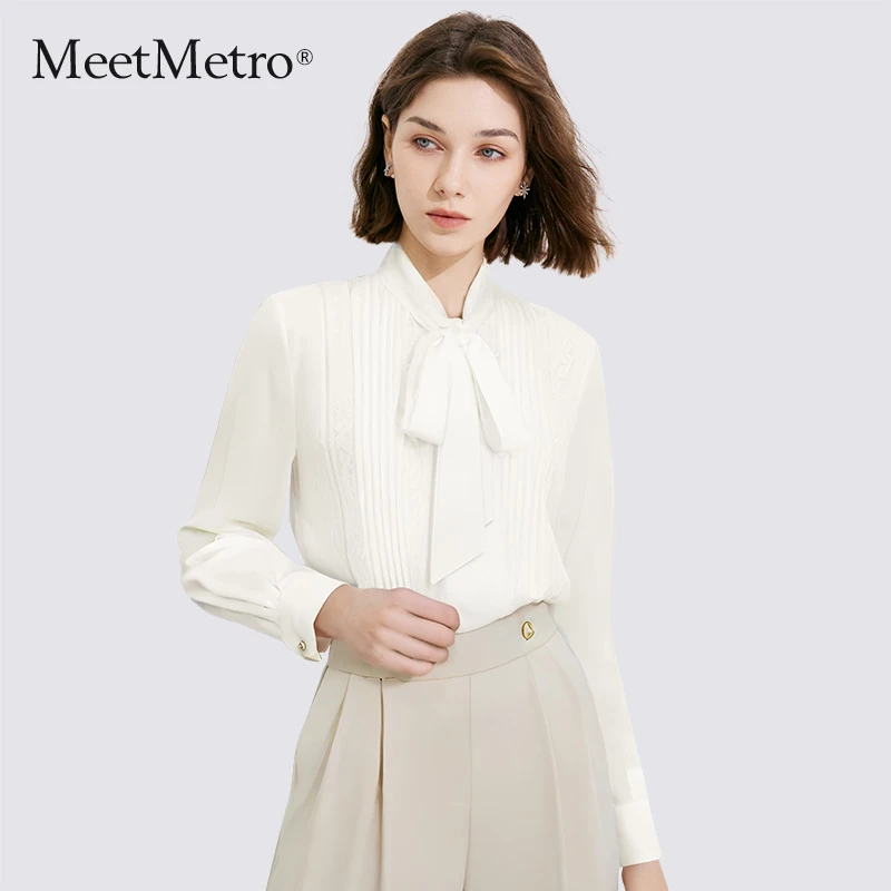 MeetMetro玛依尔轻熟风飘带领衬衫女2025春秋新款白色轻职场衬衣