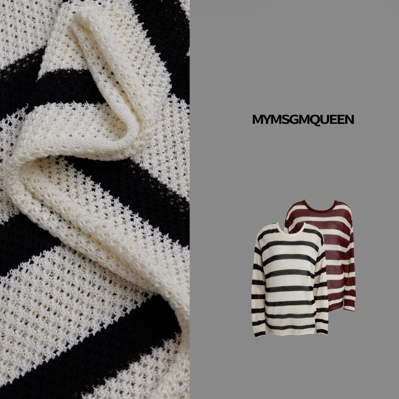 条纹定律条纹楼空长袖针织衫