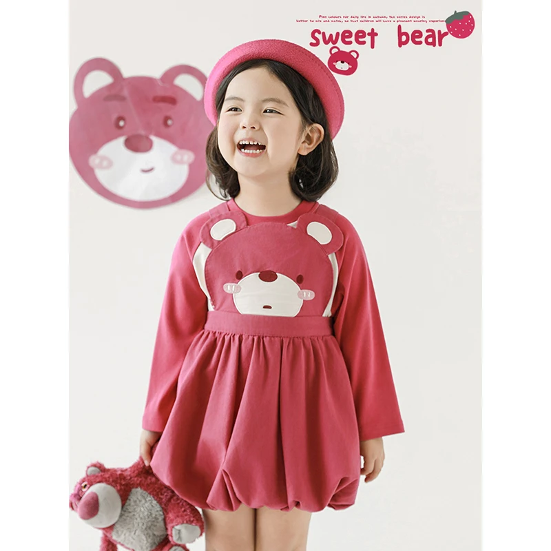 【清】幼悠【草莓小熊】女童春壹波春秋女孩A字裙背心背带裙潮 AQ0410