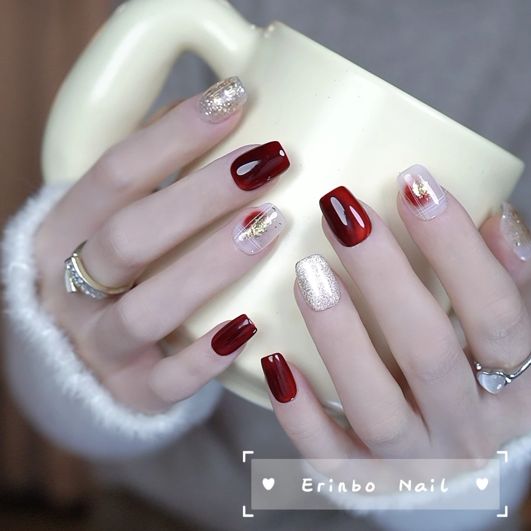 卓淇宝【热情果】设计师原创手绘红色晕染猫眼新年秋冬短款穿戴甲