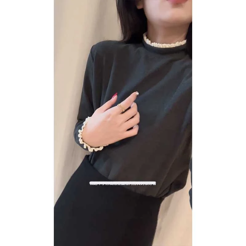 2025秋冬日系文艺花边高领打底衫女设计感内搭叠穿打底上衣